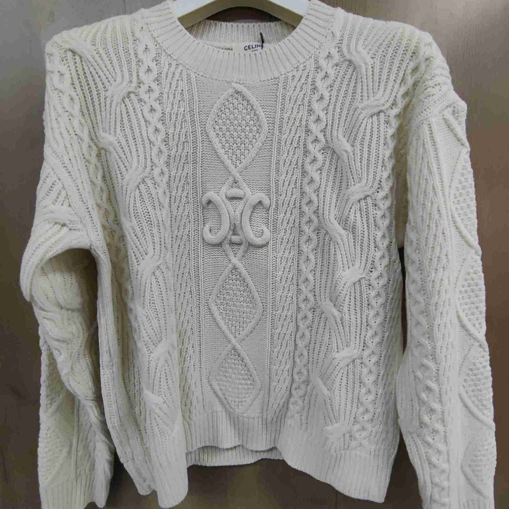 NWT Celine Cable Knit Sweater Ivory | Triomphe Logo Crewneck - Picture 2 of 6